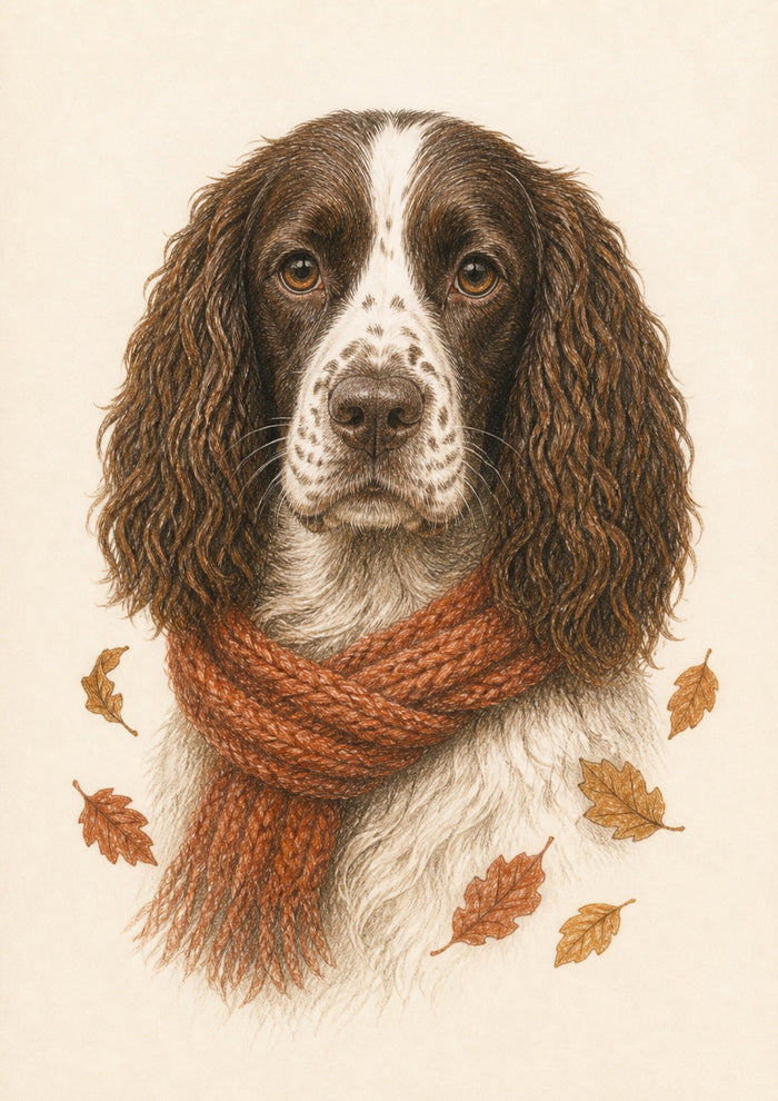 Representative A4 colour-pencil springer spaniel portrait in the Cosy Harvest style on warm ivory paper