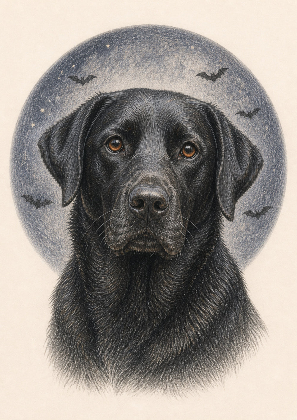 Representative A4 colour-pencil black Labrador portrait in the Moonlight Magic style on warm ivory paper
