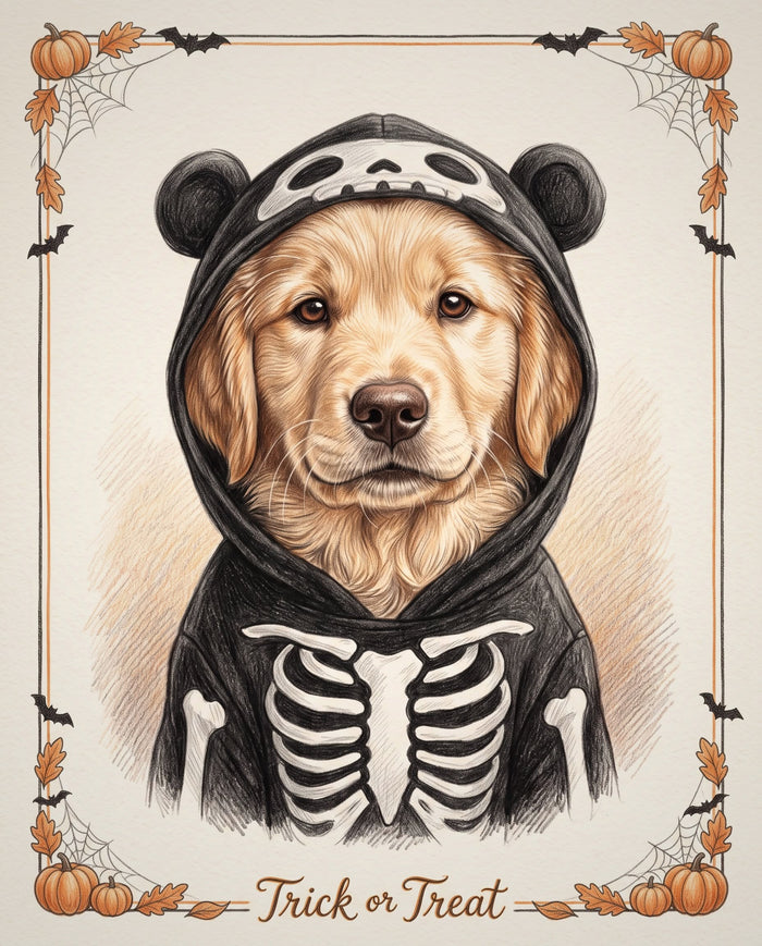 Example colour-pencil style Halloween portrait of a golden retriever puppy in a skeleton hoodie