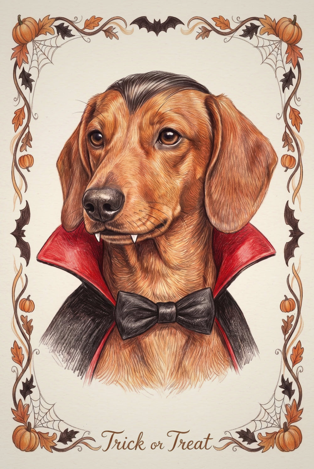 Example colour-pencil style Halloween portrait of a dachshund in a black and red vampire cape