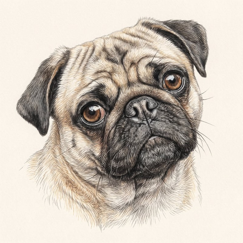 Representative colour-pencil portrait of a pug