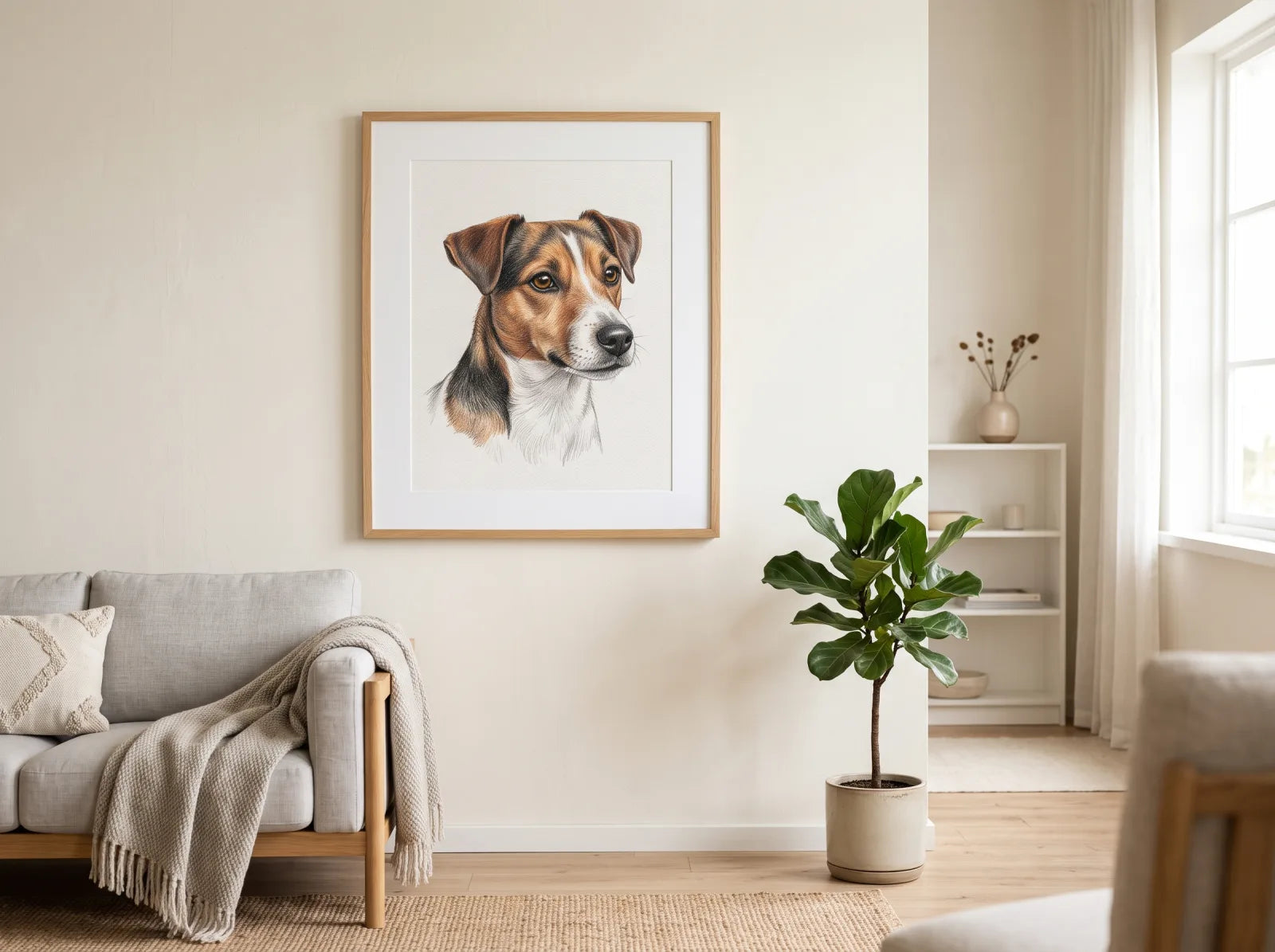 A framed colour-pencil pet portrait displayed on the wall of a bright modern home