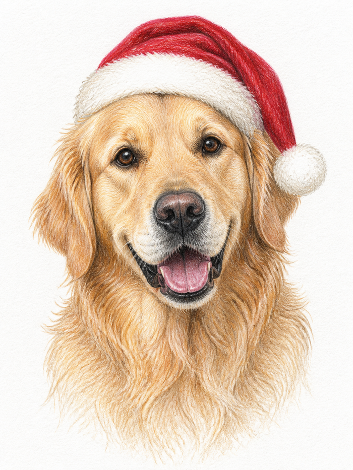 Santa’s Little Helper — personalised A4 Christmas colour-pencil pet portrait