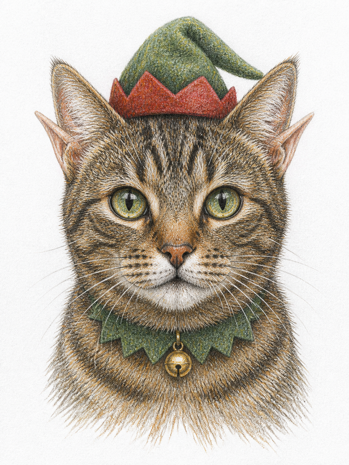 North Pole Elf — personalised A4 Christmas colour-pencil pet portrait