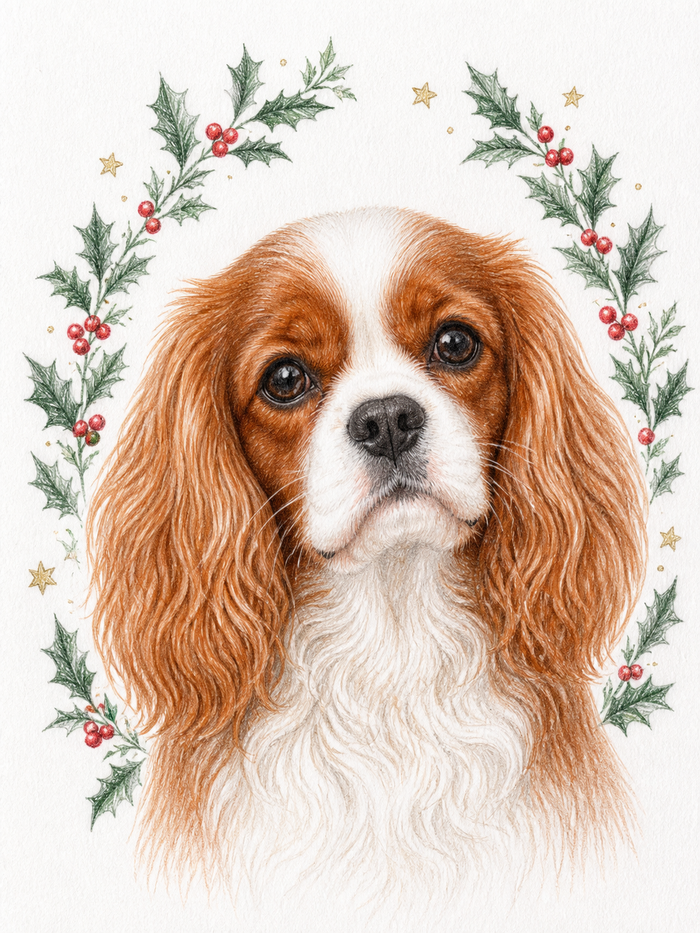 Holly Wreath — personalised A4 Christmas colour-pencil pet portrait