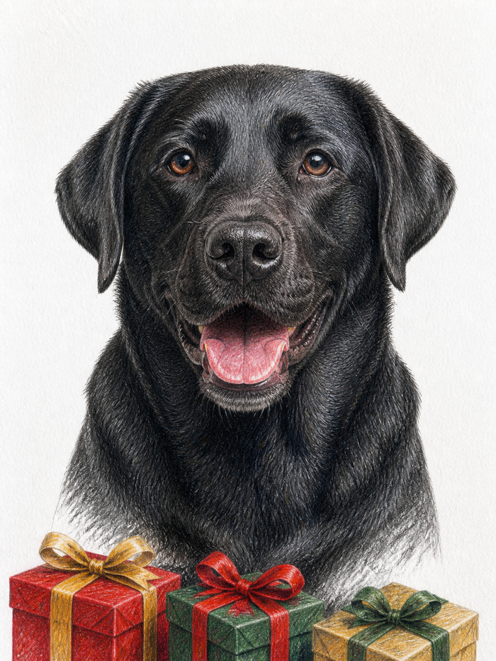 Candy Cane Charm — personalised A4 Christmas colour-pencil pet portrait