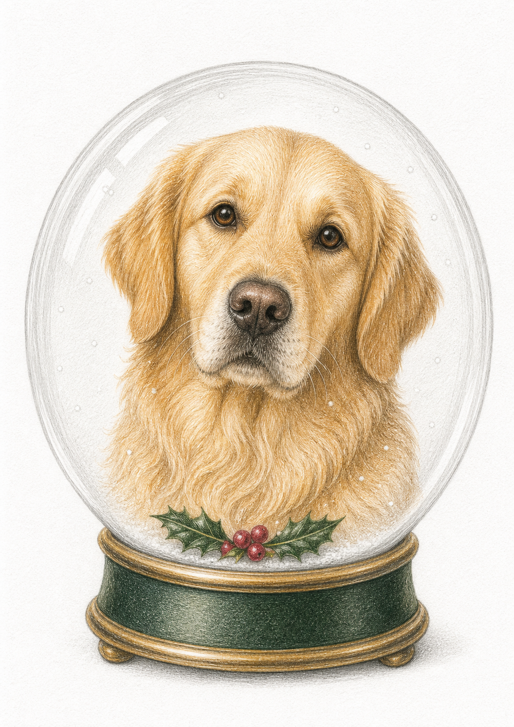 Snow Globe Keepsake — personalised A4 Christmas colour-pencil pet portrait