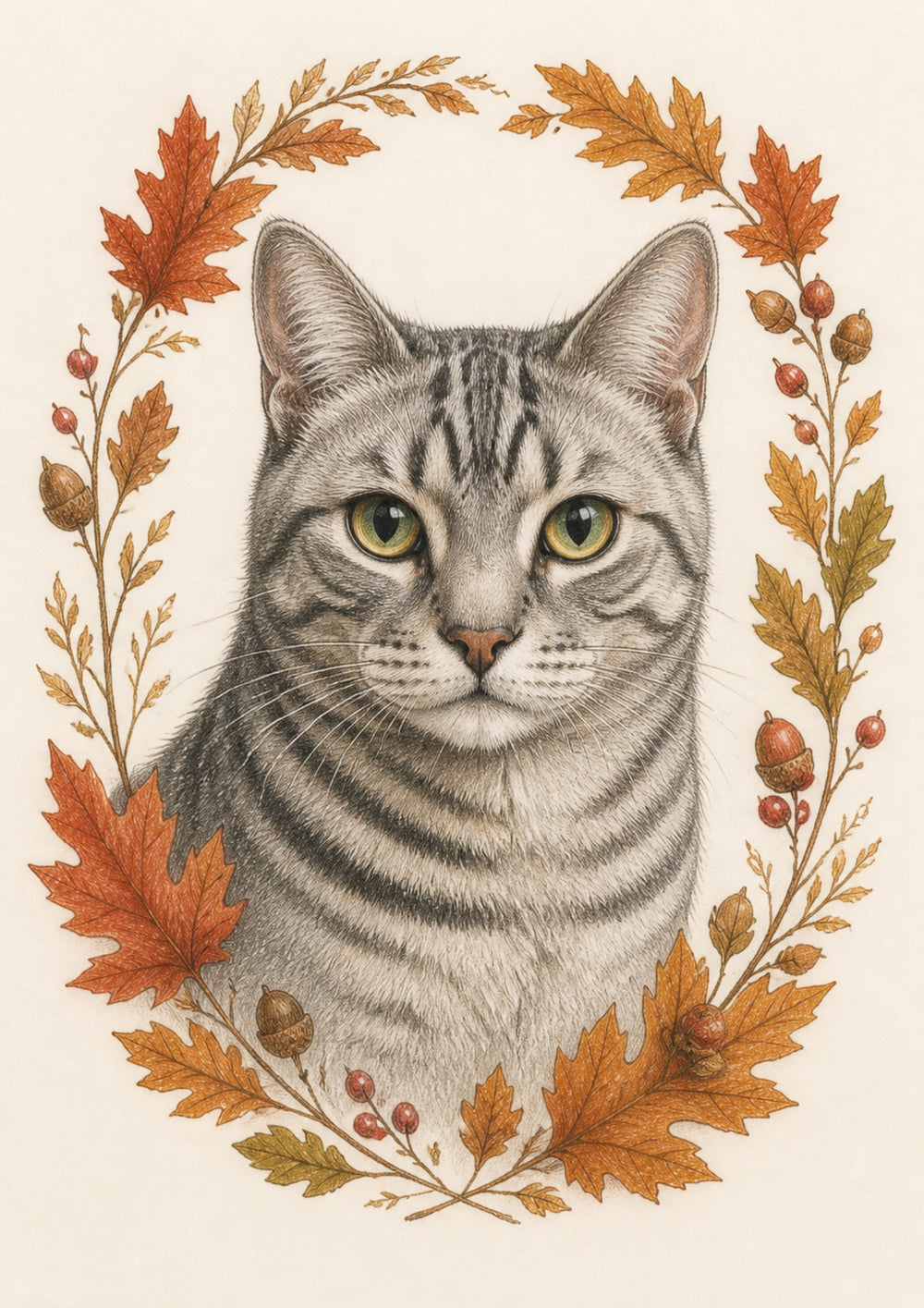 Representative A4 colour-pencil silver tabby portrait in the Autumn Halo style on warm ivory paper