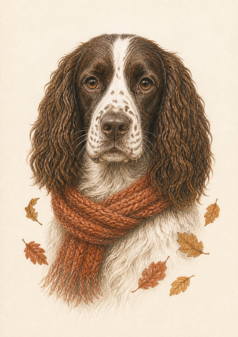 Representative A4 colour-pencil springer spaniel portrait in the Cosy Harvest style on warm ivory paper