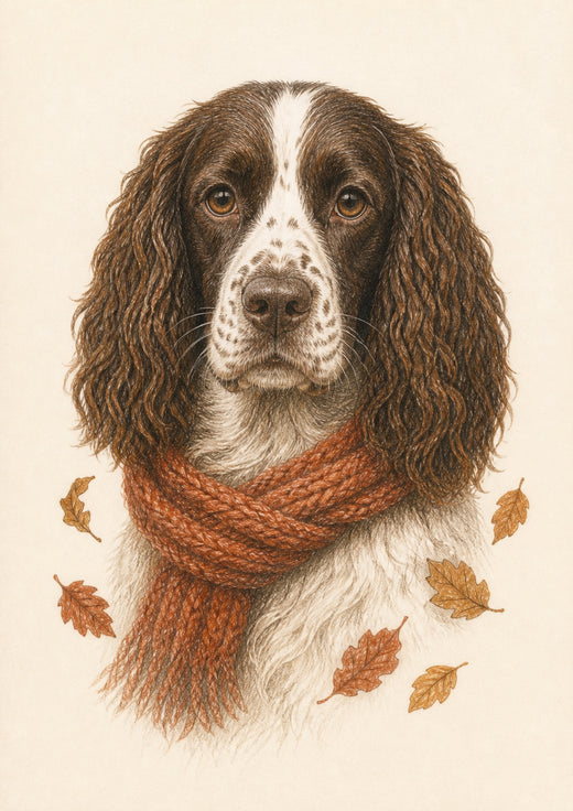 Representative A4 colour-pencil springer spaniel portrait in the Cosy Harvest style on warm ivory paper