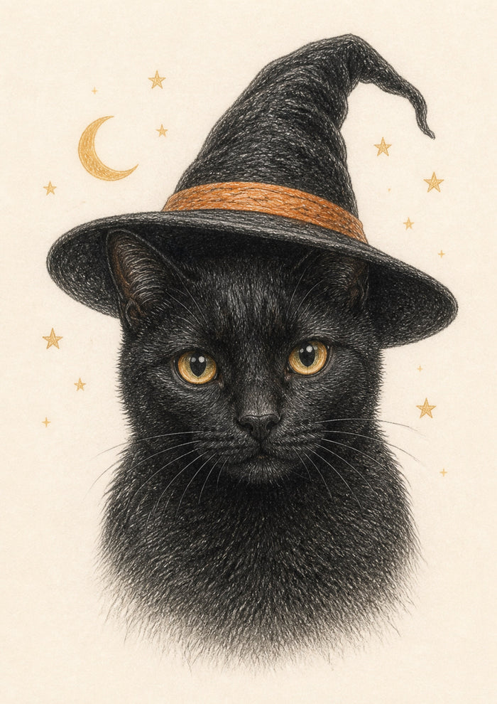 Representative A4 colour-pencil black cat portrait in the Little Witching Hour style on warm ivory paper