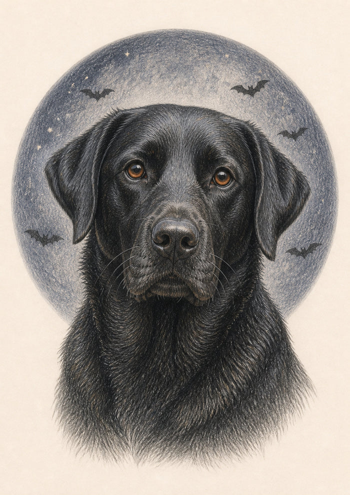 Representative A4 colour-pencil black Labrador portrait in the Moonlight Magic style on warm ivory paper