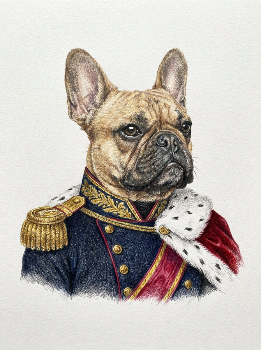 Example regal colour-pencil style portrait of a French bulldog in a navy uniform and red cape