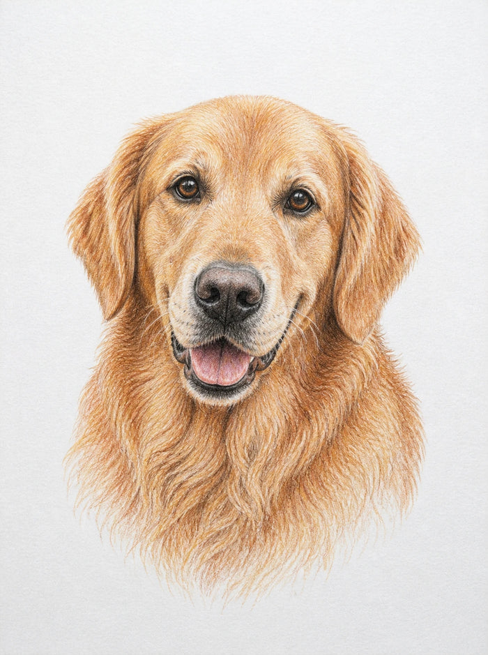 Representative traditional colour-pencil portrait of a golden retriever on white paper