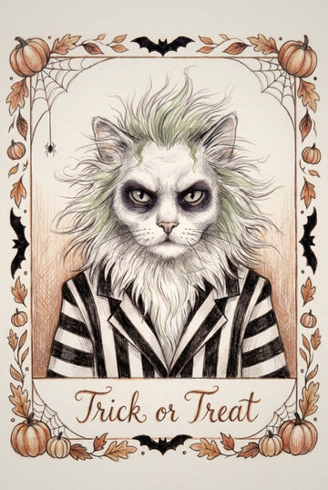 Example colour-pencil style Halloween portrait of a white long-haired cat in a black and white striped suit