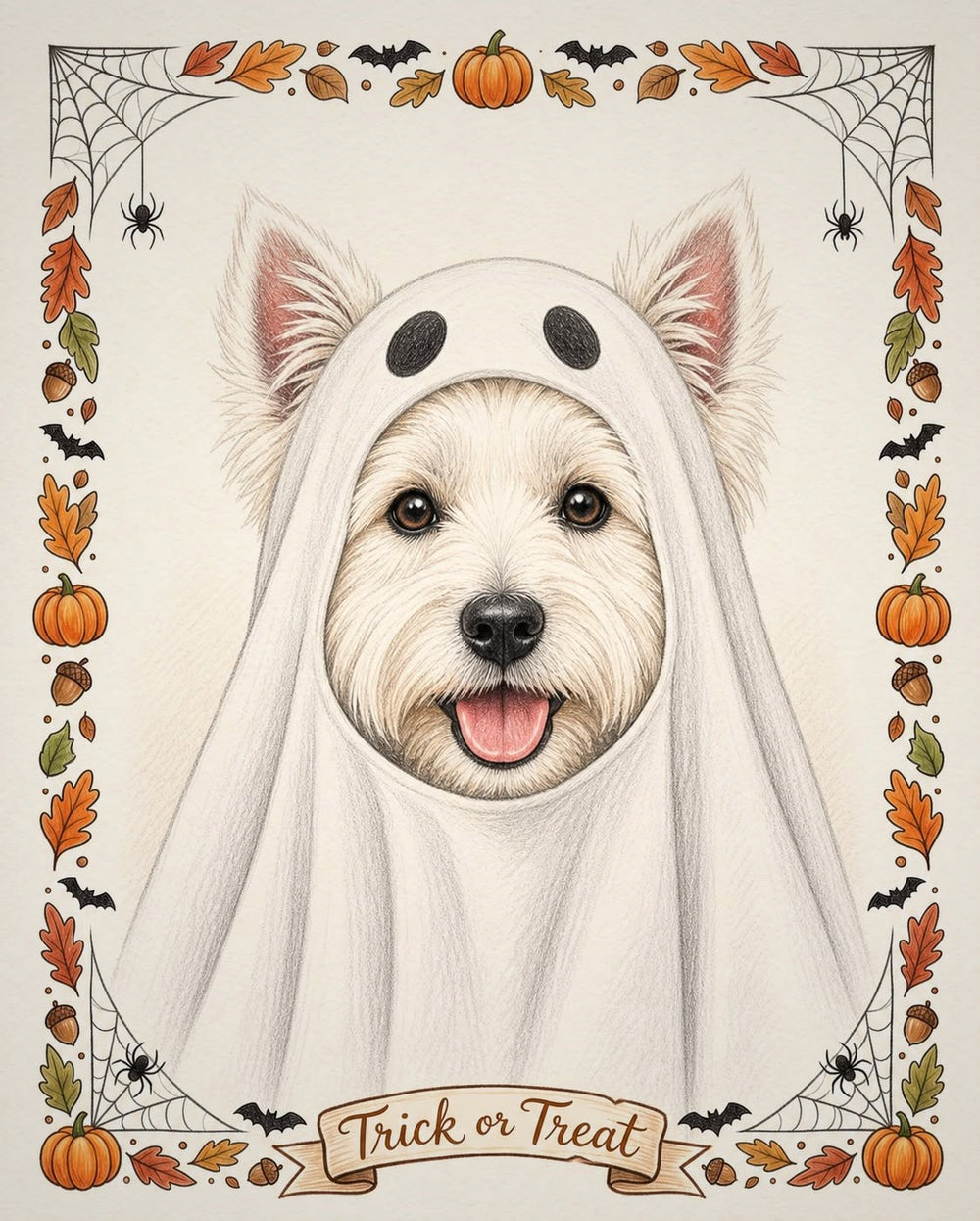 Example colour-pencil style Halloween portrait of a West Highland terrier in a ghost sheet