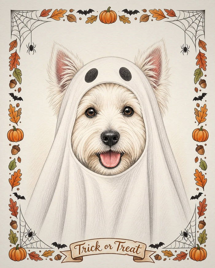 Example colour-pencil style Halloween portrait of a West Highland terrier in a ghost sheet