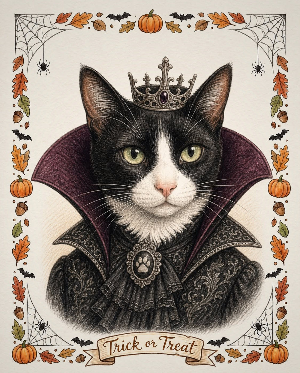 Example colour-pencil style Halloween portrait of a black and white cat wearing a small crown and high gothic collar
