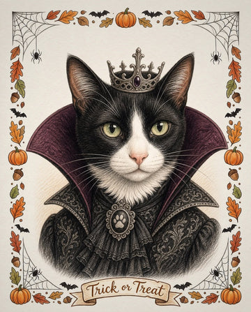 Example colour-pencil style Halloween portrait of a black and white cat wearing a small crown and high gothic collar