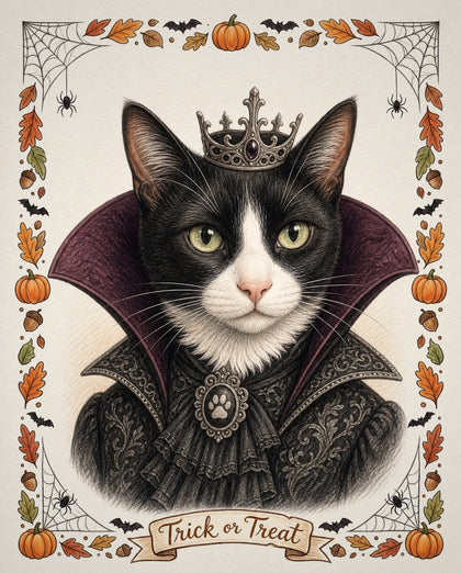 Example colour-pencil style Halloween portrait of a black and white cat wearing a small crown and high gothic collar