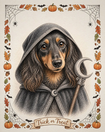 Example colour-pencil style Halloween portrait of a long-haired dachshund in a hooded cloak