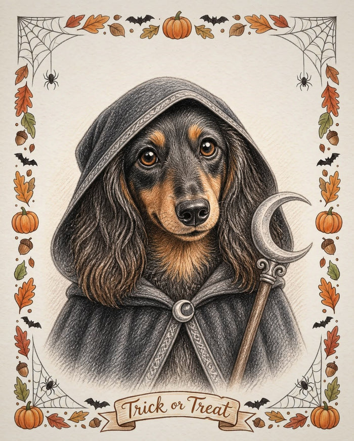 Example colour-pencil style Halloween portrait of a long-haired dachshund in a hooded cloak