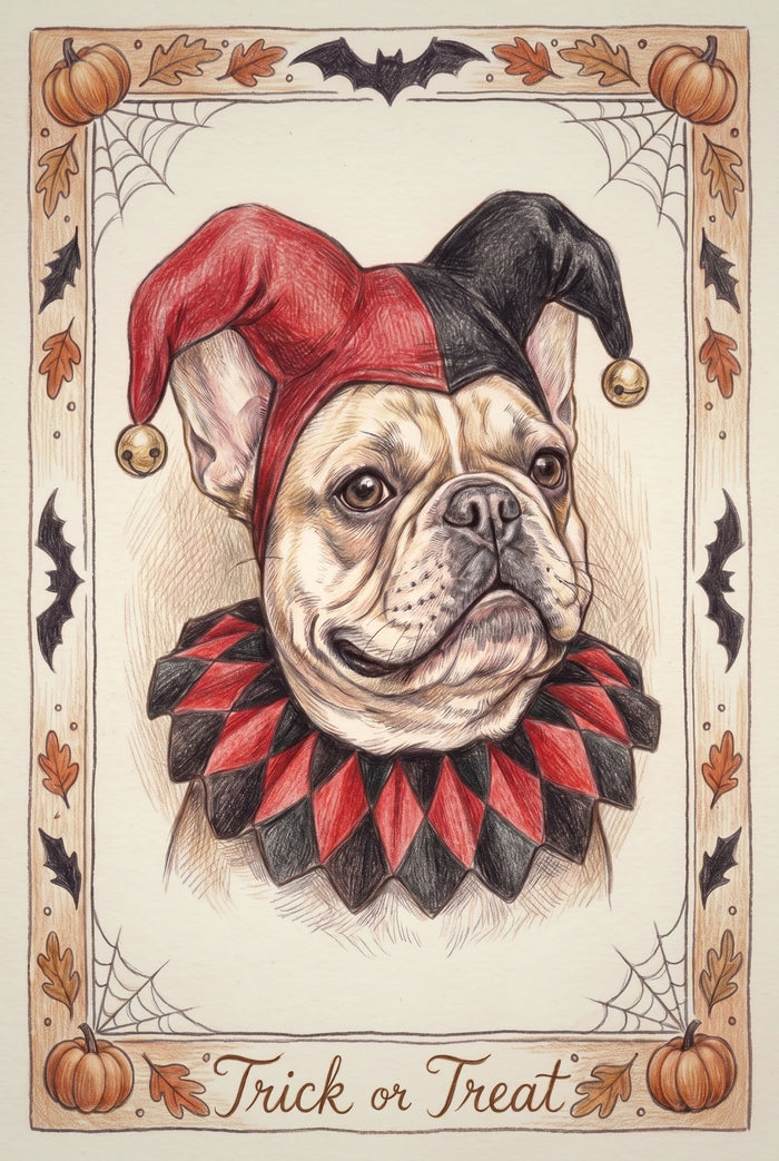 Example colour-pencil style Halloween portrait of a French bulldog in a red and black harlequin hat and diamond ruff