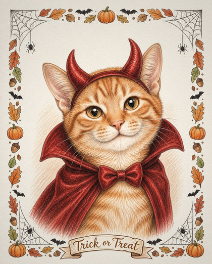 Example colour-pencil style Halloween portrait of a ginger cat with red horns and a red cape