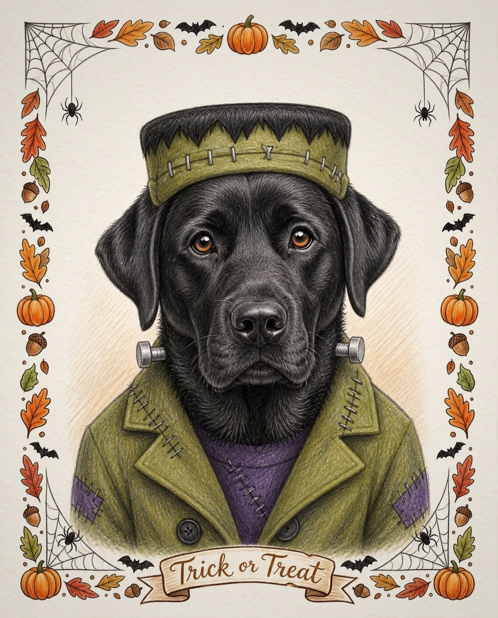 Example colour-pencil style Halloween portrait of a black Labrador in a green stitched monster costume