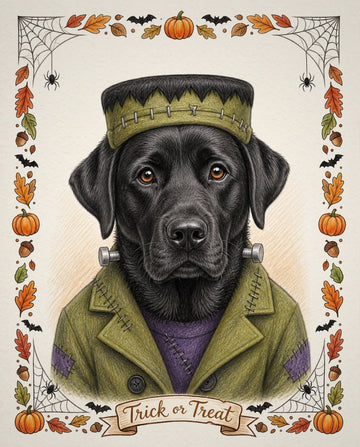 Example colour-pencil style Halloween portrait of a black Labrador in a green stitched monster costume