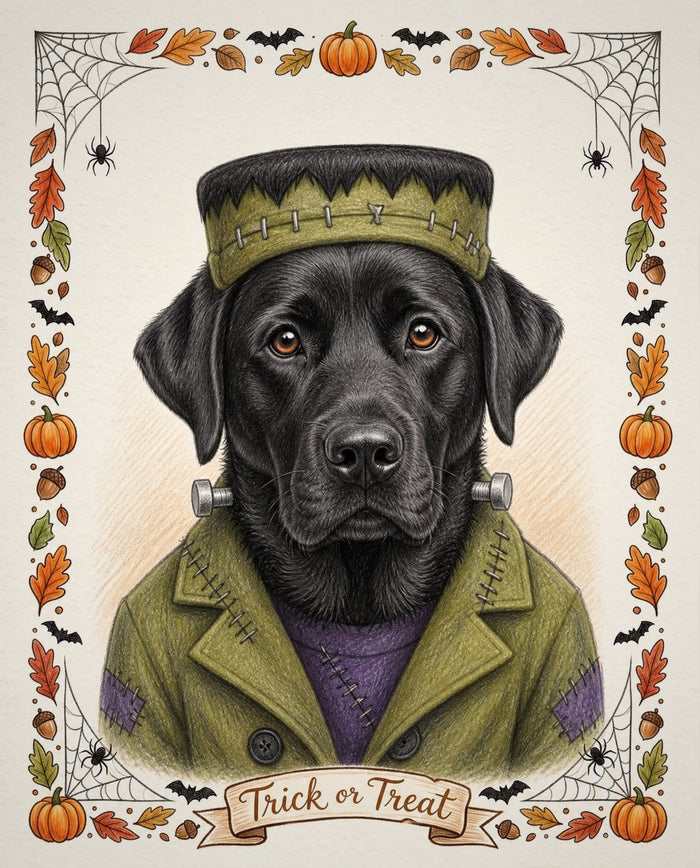 Example colour-pencil style Halloween portrait of a black Labrador in a green stitched monster costume