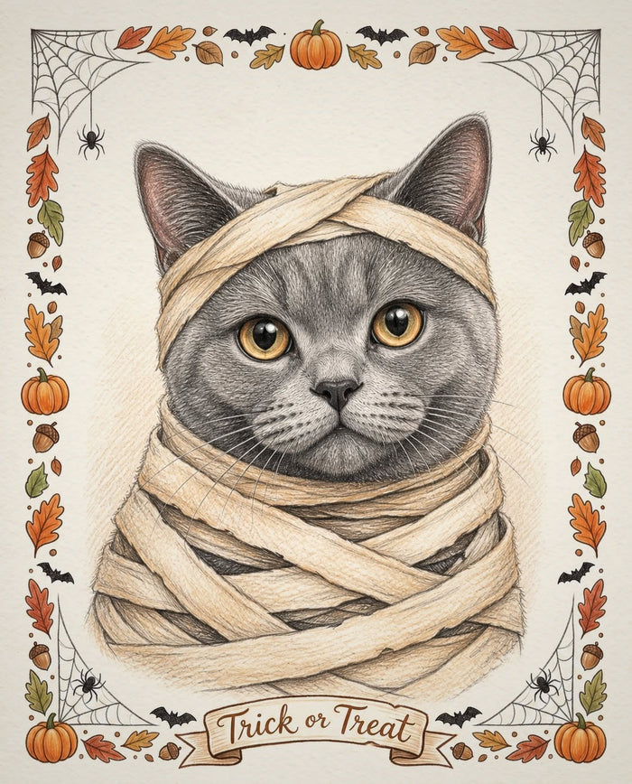 Example colour-pencil style Halloween portrait of a grey cat wrapped in mummy bandages