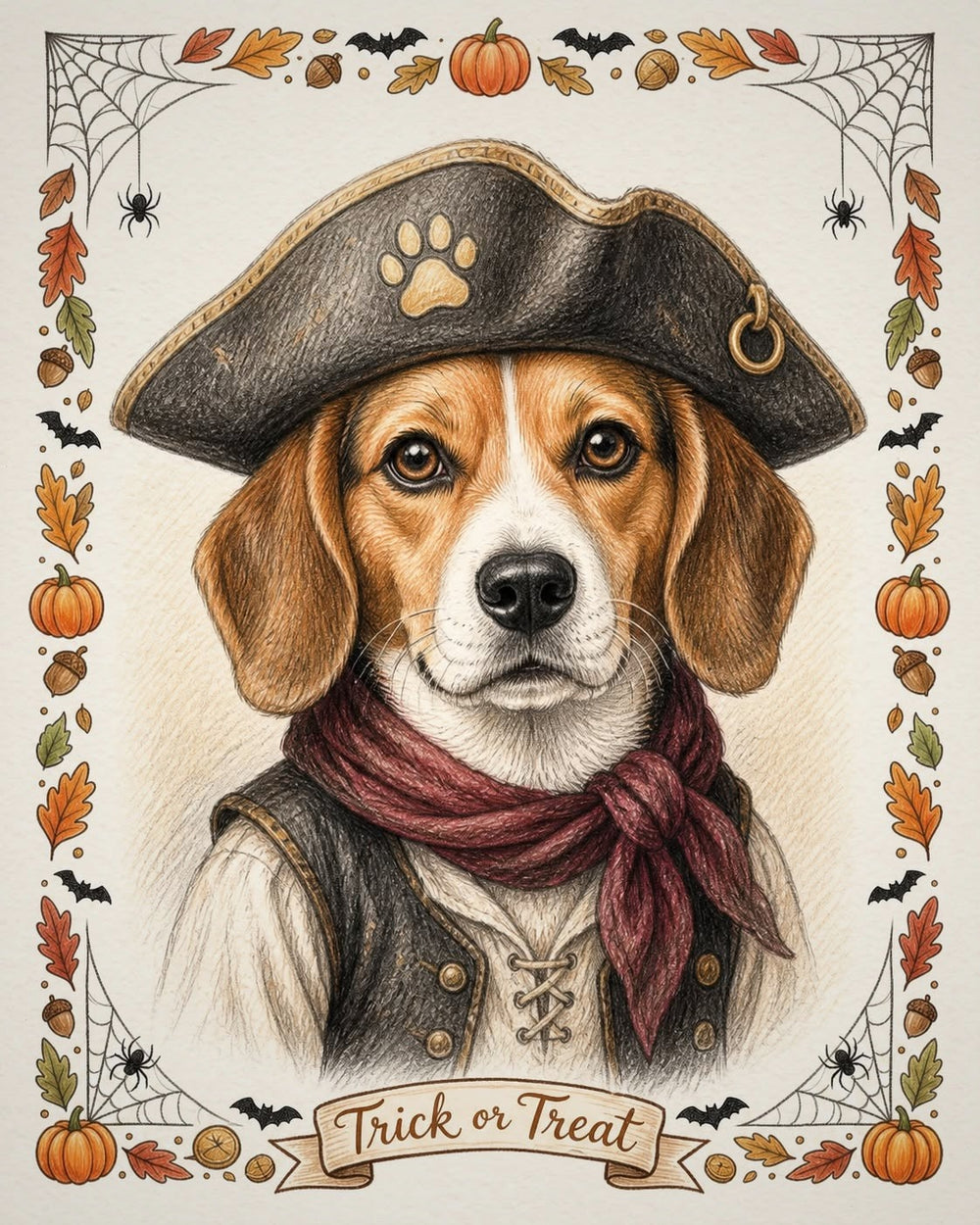 Example colour-pencil style Halloween portrait of a beagle in a pirate tricorn hat and scarf