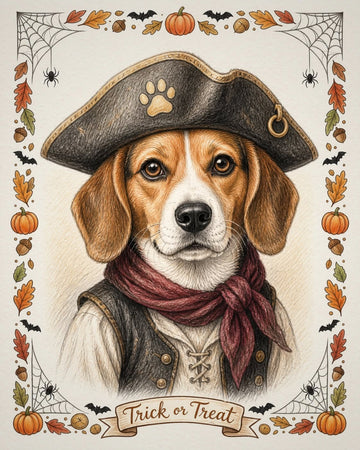 Example colour-pencil style Halloween portrait of a beagle in a pirate tricorn hat and scarf