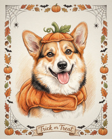 Example colour-pencil style Halloween portrait of a corgi dressed as a pumpkin