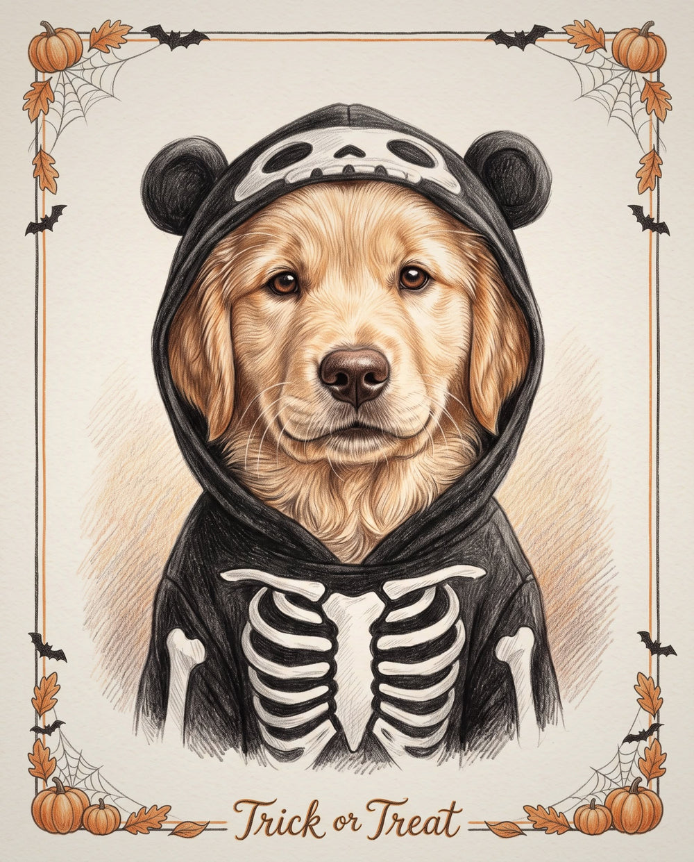 Example colour-pencil style Halloween portrait of a golden retriever puppy in a skeleton hoodie