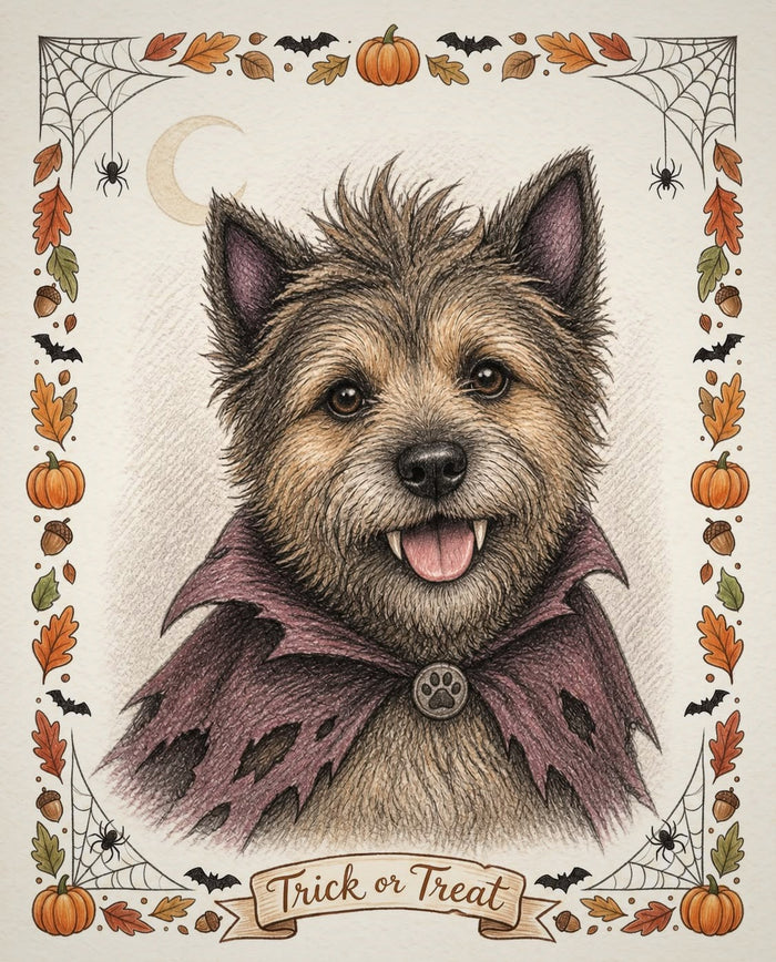 Example colour-pencil style Halloween portrait of a terrier in a tattered werewolf cape