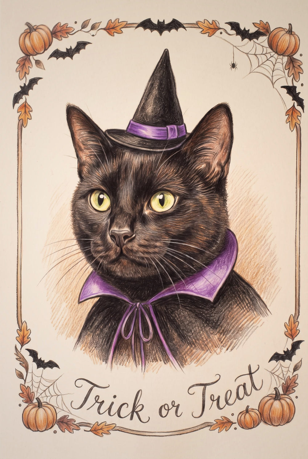 Example colour-pencil style Halloween portrait of a black cat in a witch's hat and purple collar