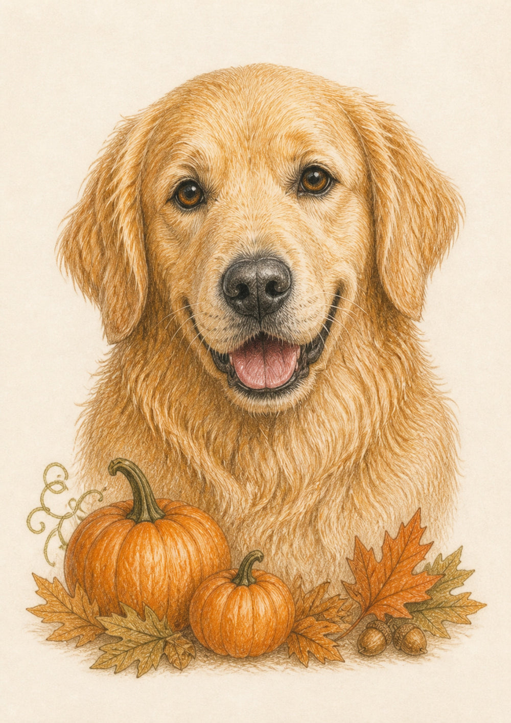 Representative A4 colour-pencil golden retriever portrait in the Pumpkin Patch Keepsake style on warm ivory paper