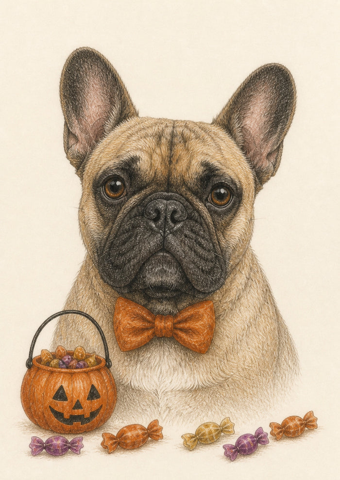 Representative A4 colour-pencil French bulldog portrait in the Trick-or-Treat Charm style on warm ivory paper