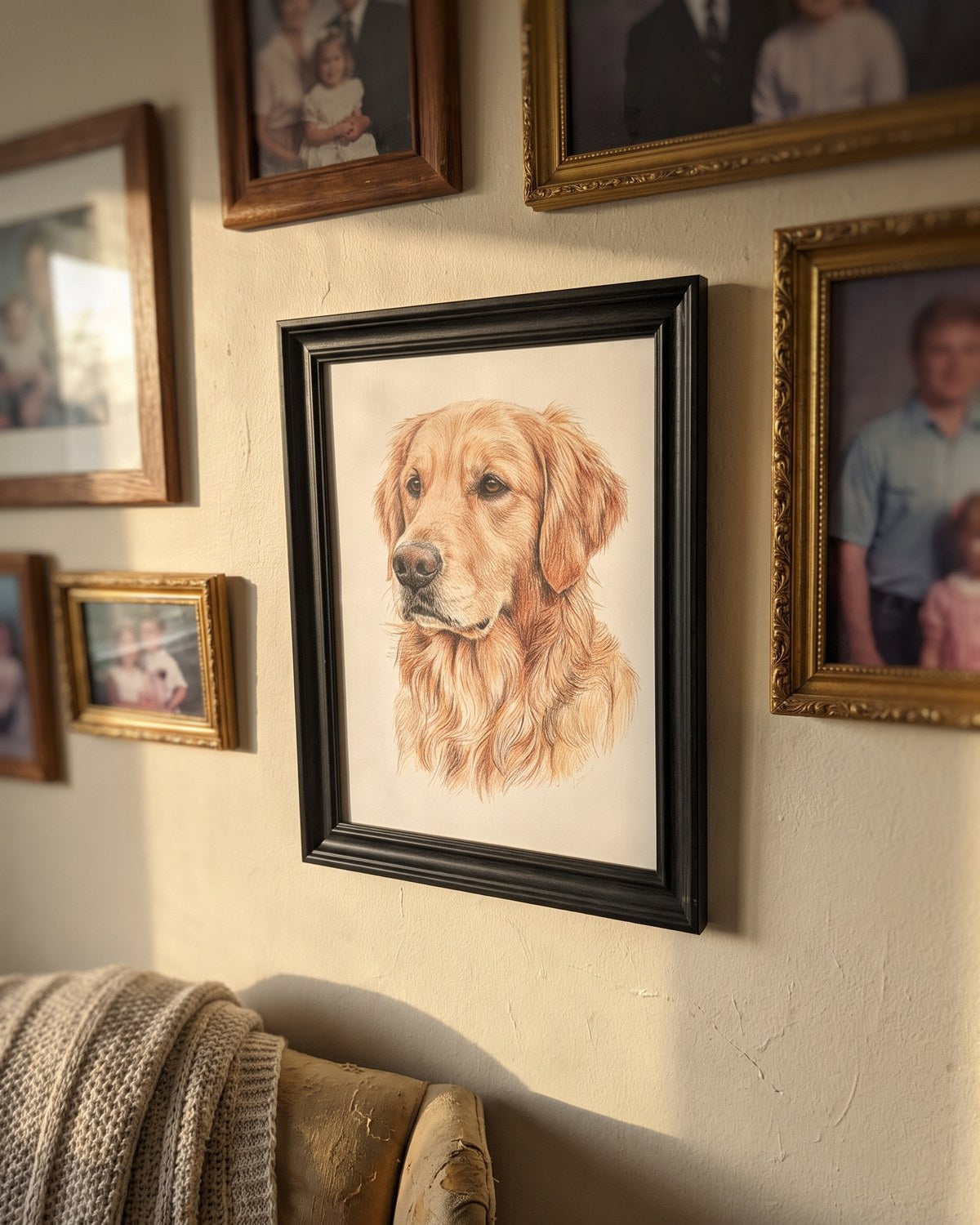 A colour-pencil portrait of a golden retriever, framed and hung on a home wall beside family photographs