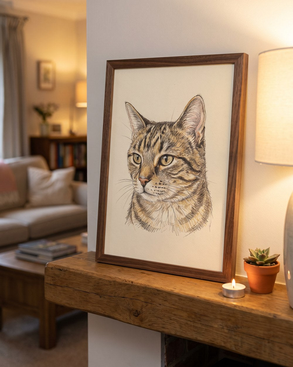 A framed colour-pencil portrait of a tabby cat displayed on a living-room mantelpiece
